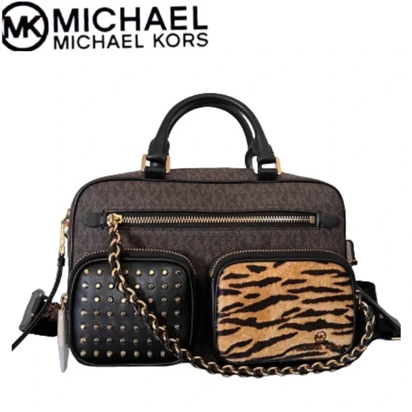 SALE🔥🔥MICHAEL KORS SIGNATURE ELLIOT STUDDED TIGER PRINT CALF HAIR SHOULDER BAG